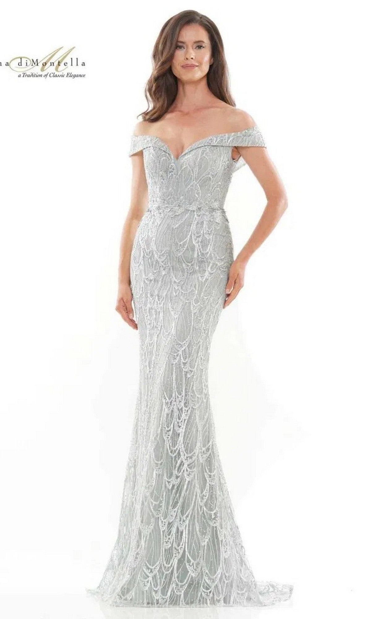 A woman poses against a plain white background wearing the Rina Di Montella RD2739 long formal dress in Seaglass, an off-the-shoulder gown featuring intricate beaded embroidery.